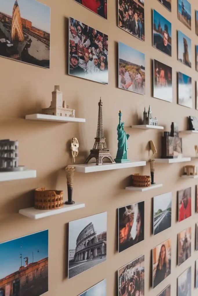 Wall decor with travel photos and miniature landmarks on shelves.