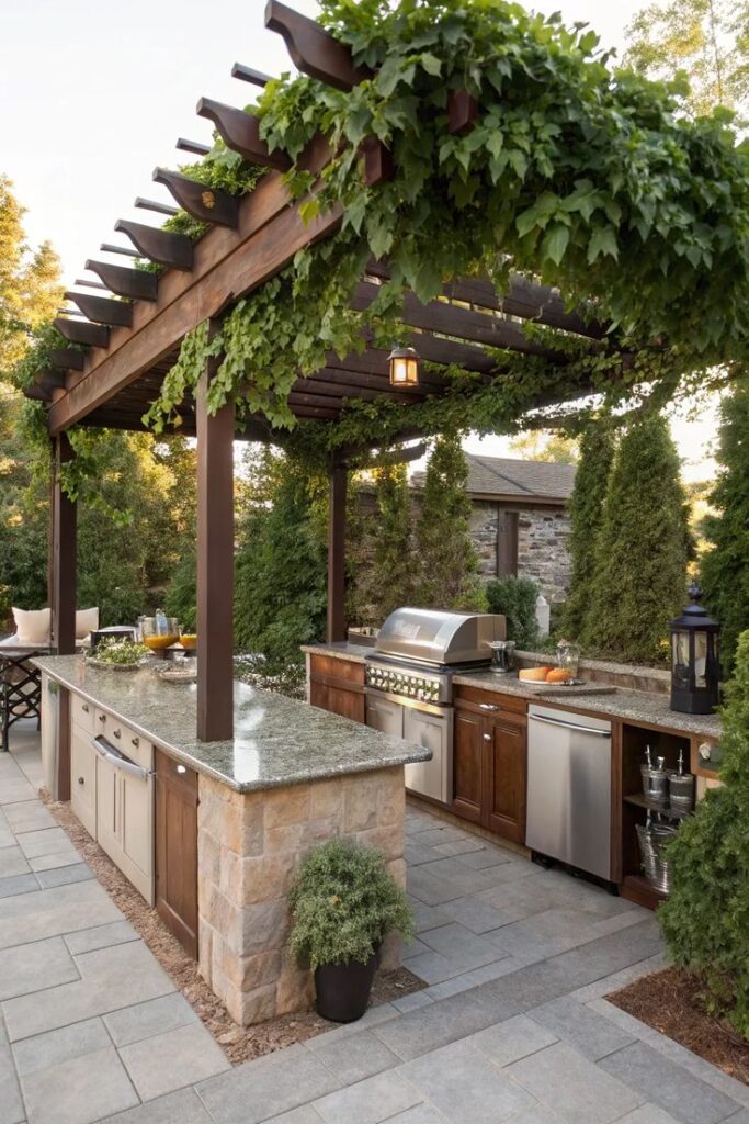 Outdoor kitchen with pergola, grill, and greenery, ideal for summer gatherings and backyard dining experiences.