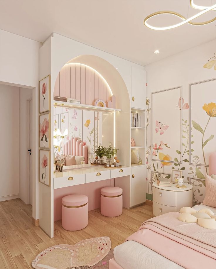 Charming pink and floral-themed girl's bedroom with vanity, stools, and cozy décor. Ideal for a stylish kids' room design.