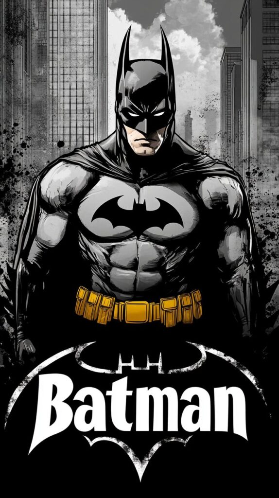 Comic-style image of Batman standing strong, with Gotham City skyline in the background. Bold Batman text below.