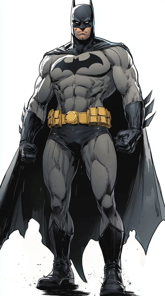 Comic-styled superhero in black suit and cape, standing confidently with fists clenched, showcasing strength and power.