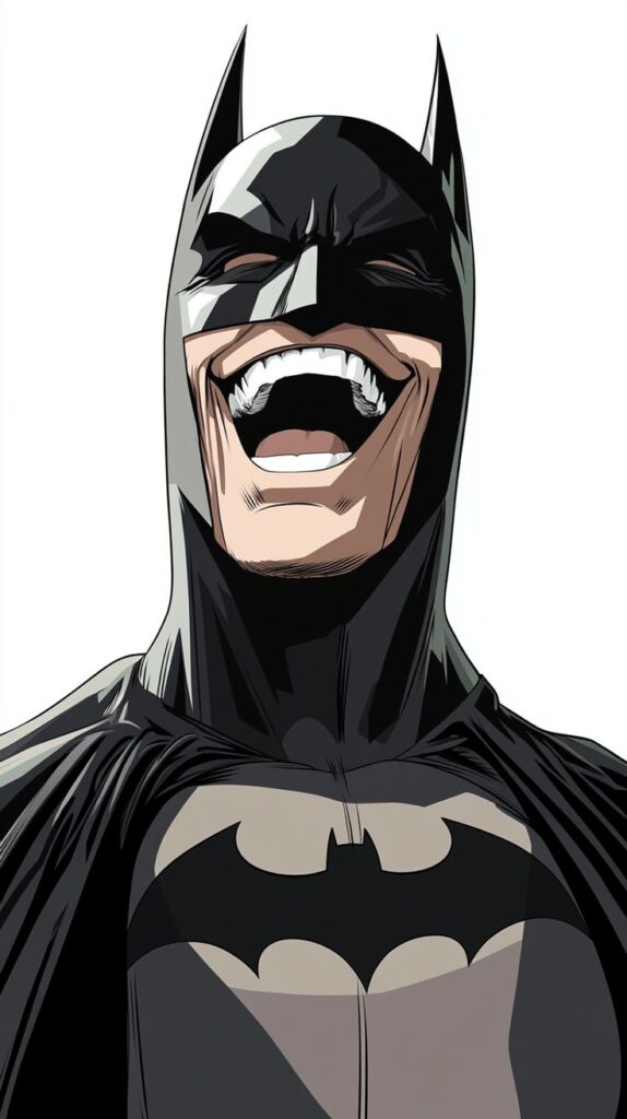 Comic-style Batman laughing with wide open mouth, iconic bat emblem visible, black cape and cowl, white background.