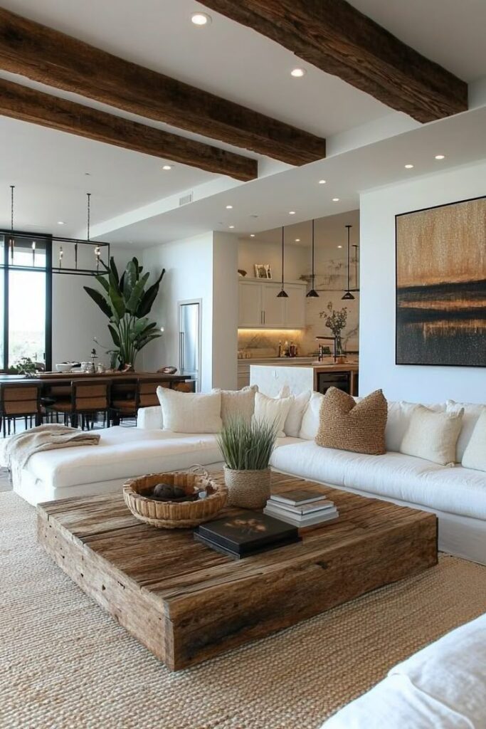 1642a943167842bf27006fe79c2261df Modern living room with wooden beams, large white sofa, rustic coffee table, and open kitchen. | Sky Rye Design Modern living room with wooden beams, large white sofa, rustic coffee table, and open kitchen.