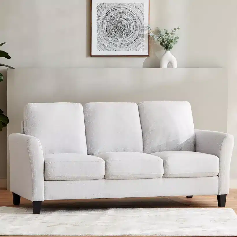 Modern gray sofa in a minimalist living room with abstract art and plant decor.