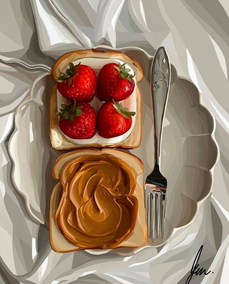 Illustration of toast with strawberries and peanut butter on a plate with a fork, creating a tasty breakfast scene.