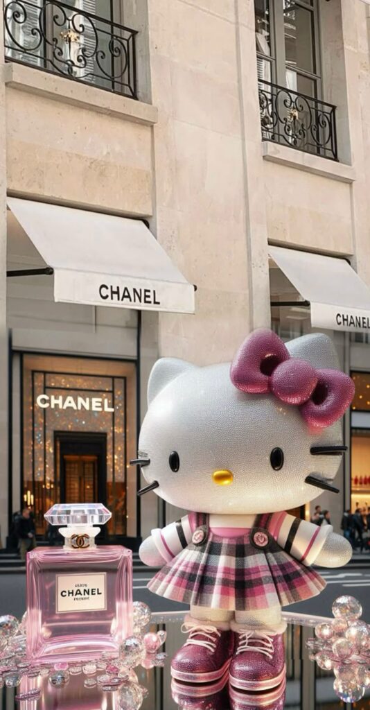 Chanel store with a Hello Kitty figure and pink Chanel perfume bottle displayed outside. Luxurious and fun ambiance.