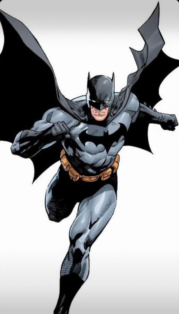 Comic superhero in a black costume with a cape, leaping forward, ready for action against a light background.