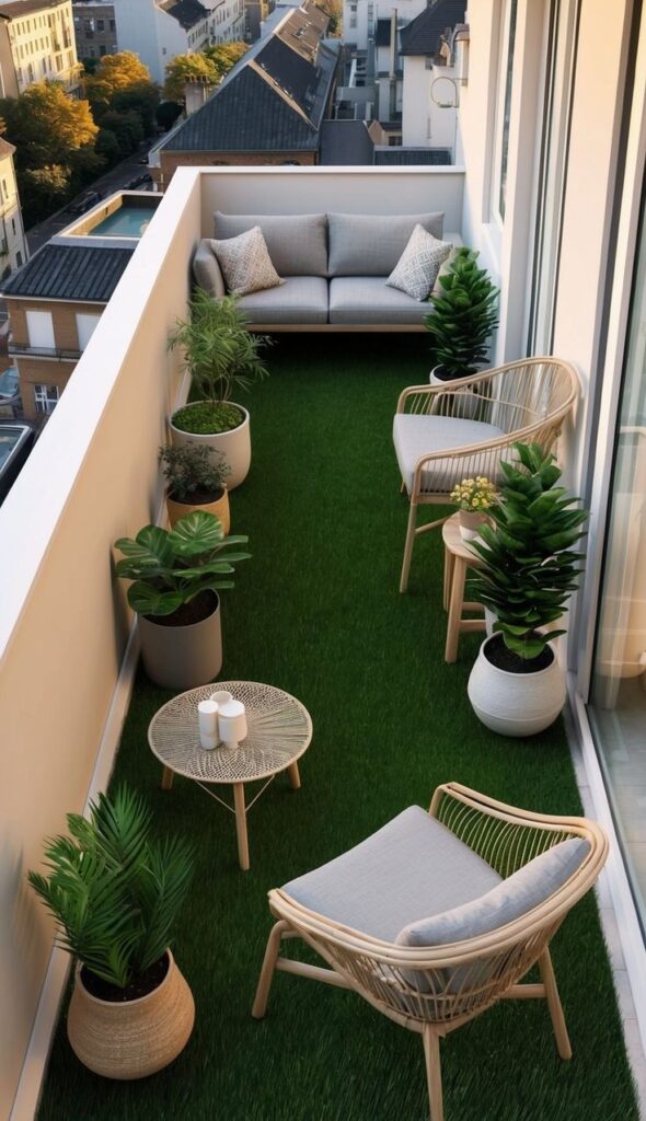 Modern balcony with green turf, cozy seating, and potted plants, overlooking a cityscape.