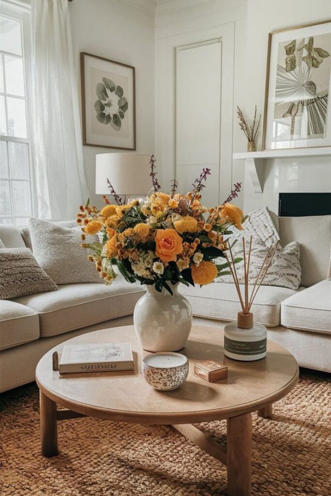 17 Creative Summer Decor Ideas to Update Your Living Space Cozy living room with a beige sofa, floral centerpiece on a wooden table, and framed botanical art on walls. | Sky Rye Design Cozy living room with a beige sofa, floral centerpiece on a wooden table, and framed botanical art on walls.