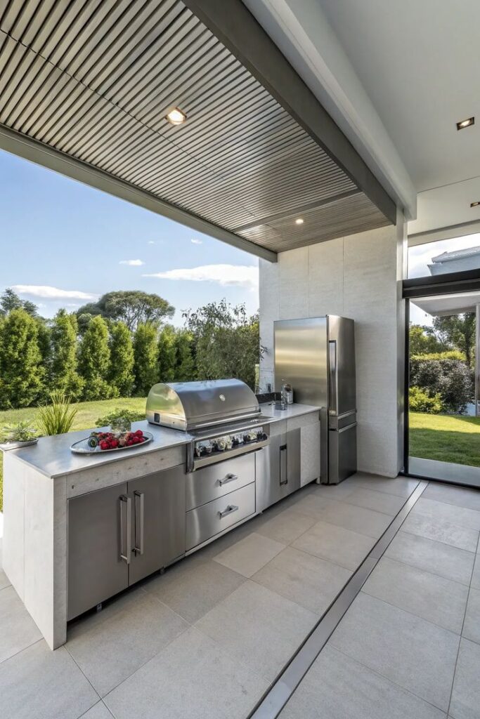 Modern outdoor kitchen with stainless steel appliances and a sleek grill on a spacious patio.