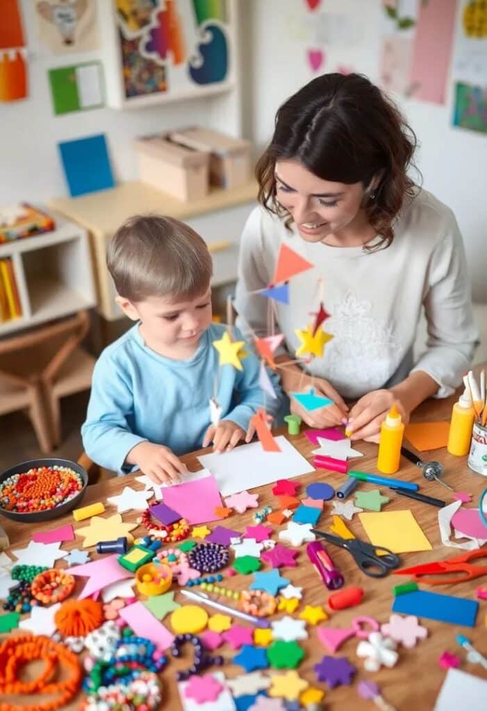 Mother and child doing fun crafts with colorful paper, shapes, and beads at a creative table in a classroom setting.