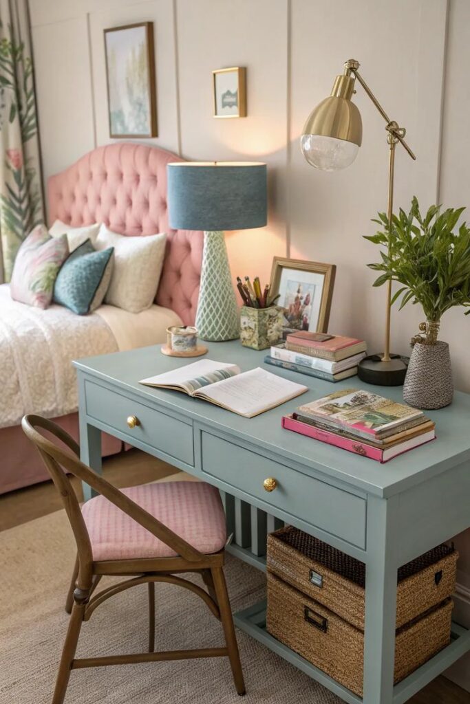 Cozy bedroom workspace with blue desk, lamp, books, and plant. Pink chair complements bed with tufted headboard.