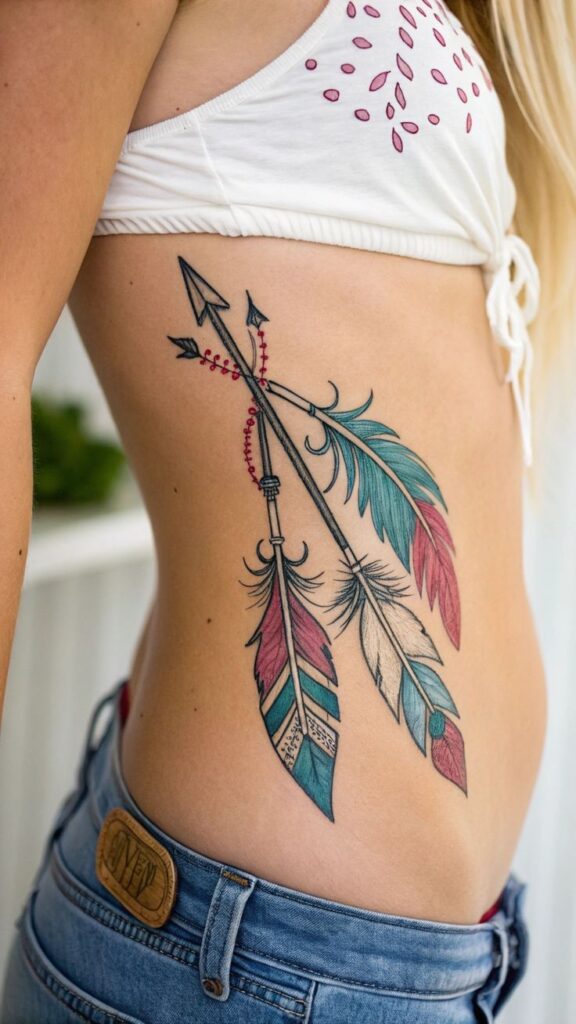 Colorful feather and arrow tattoo on a woman's side, wearing a white crop top and jeans.