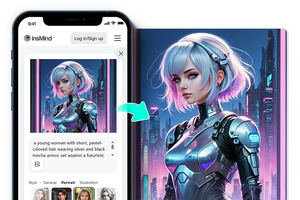 Futuristic female character with pastel hair and metallic armor in a neon-lit cityscape, viewed on a smartphone screen.