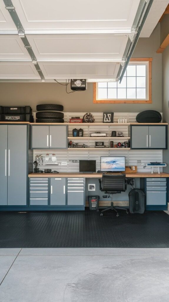 Organized garage workspace with cabinets, desk, and storage shelves under a raised door, featuring tools and supplies.