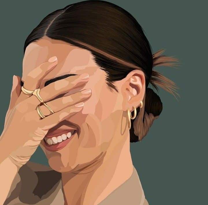 Stylized illustration of a smiling woman covering her face with her hand, showcasing gold jewelry and earrings.