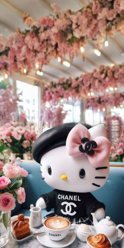 Hello Kitty in Chanel outfit at a floral cafe, enjoying coffee and pastries.