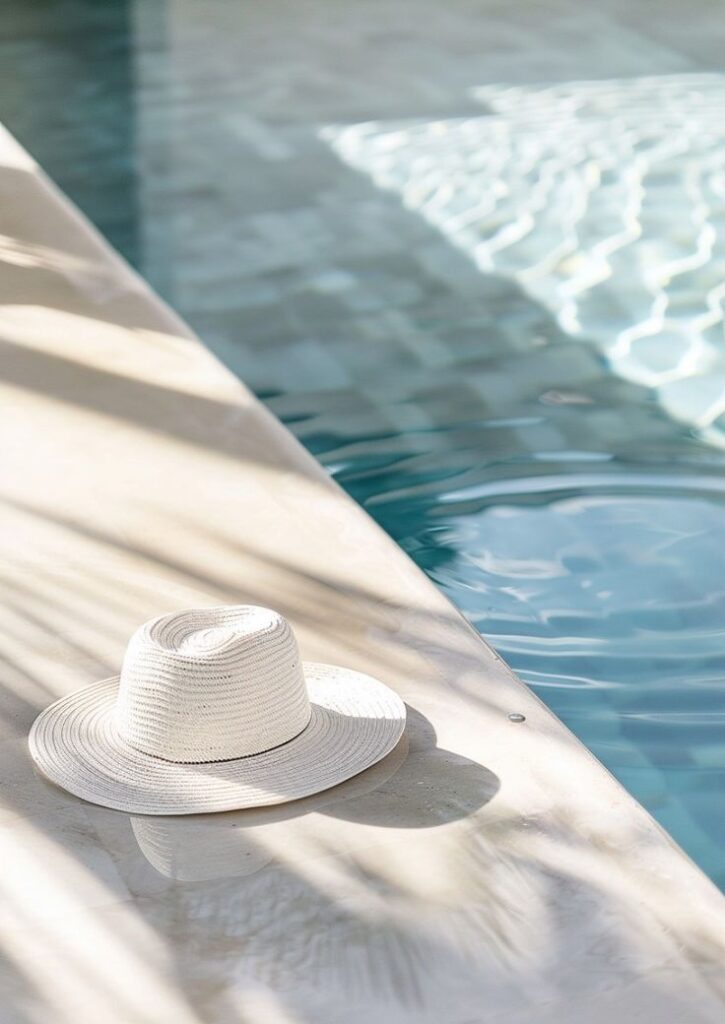White sun hat on poolside, casting shadows on the concrete, with clear blue water in the background.