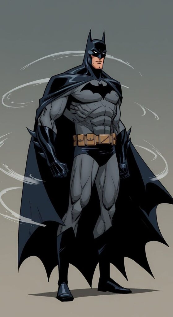 Comic-style superhero in black cape and suit stands heroically with swirling lines in the background.