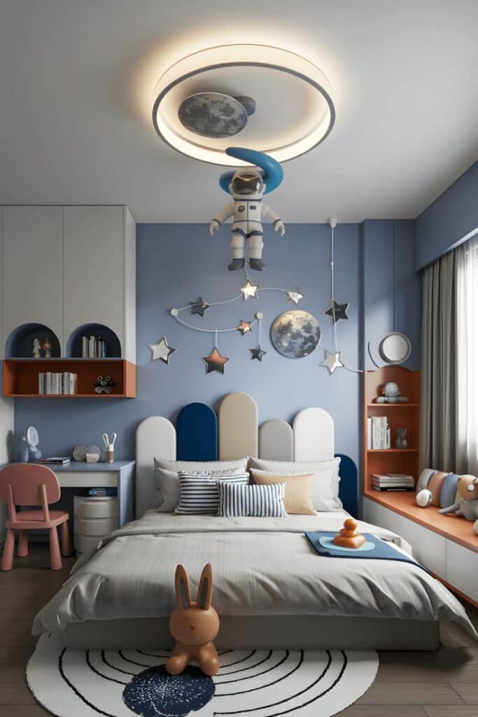 Space-themed kids' bedroom with astronaut decor, moon and stars, and playful furniture in soft colors.