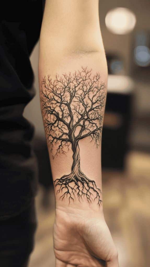 Forearm tree tattoo with intricate branches and roots, symbolizing growth and strength.