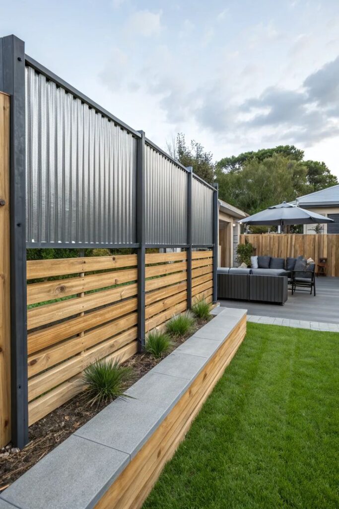 Modern backyard patio with vertical garden, wood and metal fence, and outdoor seating area under an umbrella.