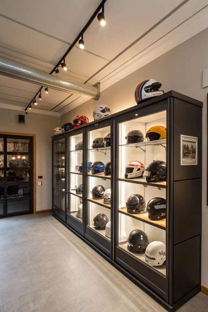 Display of motorcycle helmets in a modern showroom with illuminated shelves and sleek design.