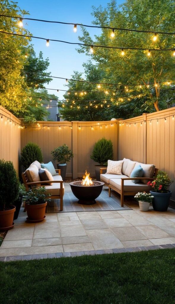 Cozy backyard patio with string lights, fire pit, and seating, surrounded by lush greenery. Perfect for evening relaxation.