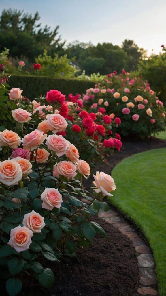 Beautiful garden with blooming pink and red roses along a curved walkway.