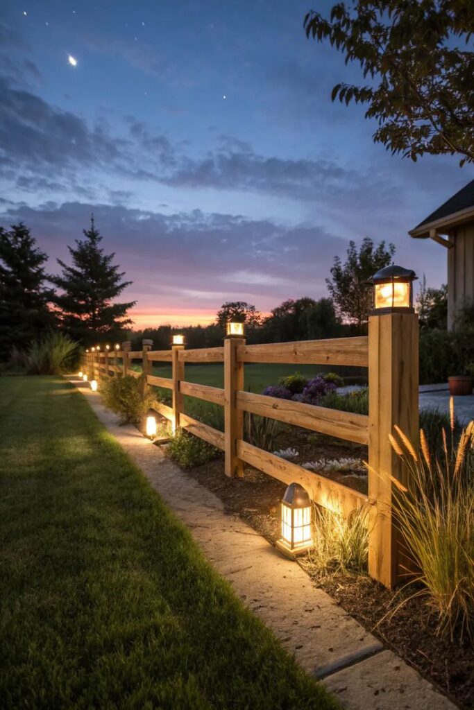 Garden pathway at sunset with wooden fence and lantern lights, creating a tranquil and inviting outdoor ambiance.