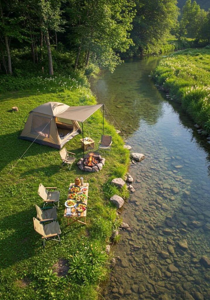 Camping by a clear river with a tent, chairs, campfire, and table set for an outdoor meal in a lush green setting.