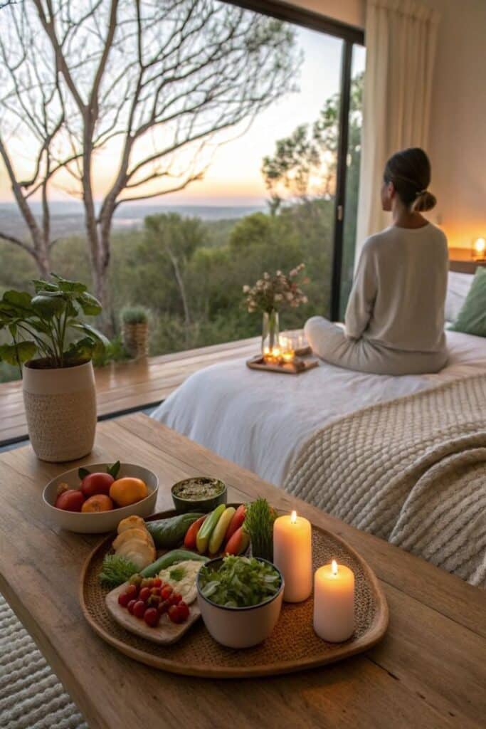 Cozy room with woman meditating by window, healthy snacks, candles, and serene forest view at sunset.
