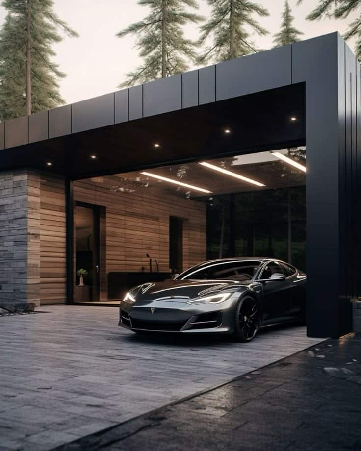 Sleek electric car parked in a modern garage surrounded by tall trees, showcasing luxury and innovation.