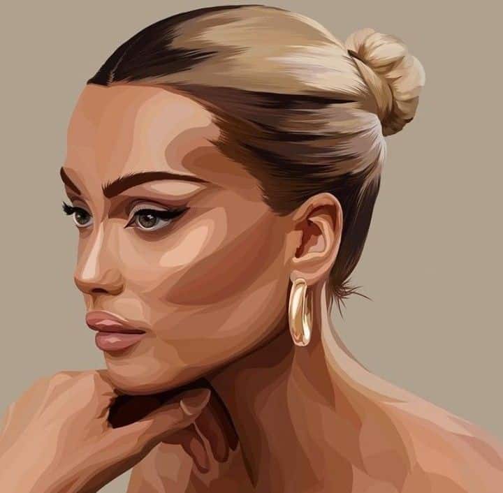 Stylized portrait of a woman with a bun and hoop earrings, gazing sideways.