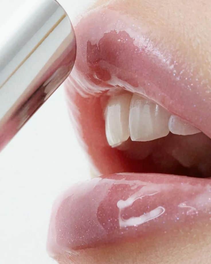 Close-up of shiny pink lip gloss being applied to lips, enhancing a glossy and vibrant look.