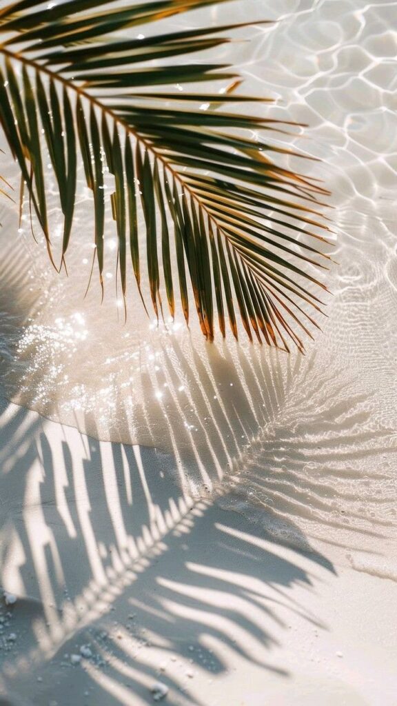 Sunlit palm leaf casting shadow on shimmering water and sand, creating a tropical and serene beach vibe.