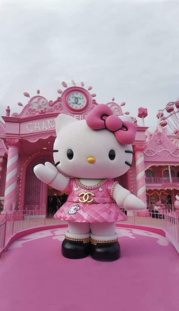 Giant Hello Kitty statue in pink dress with Chanel logo, located in a themed amusement park entrance.
