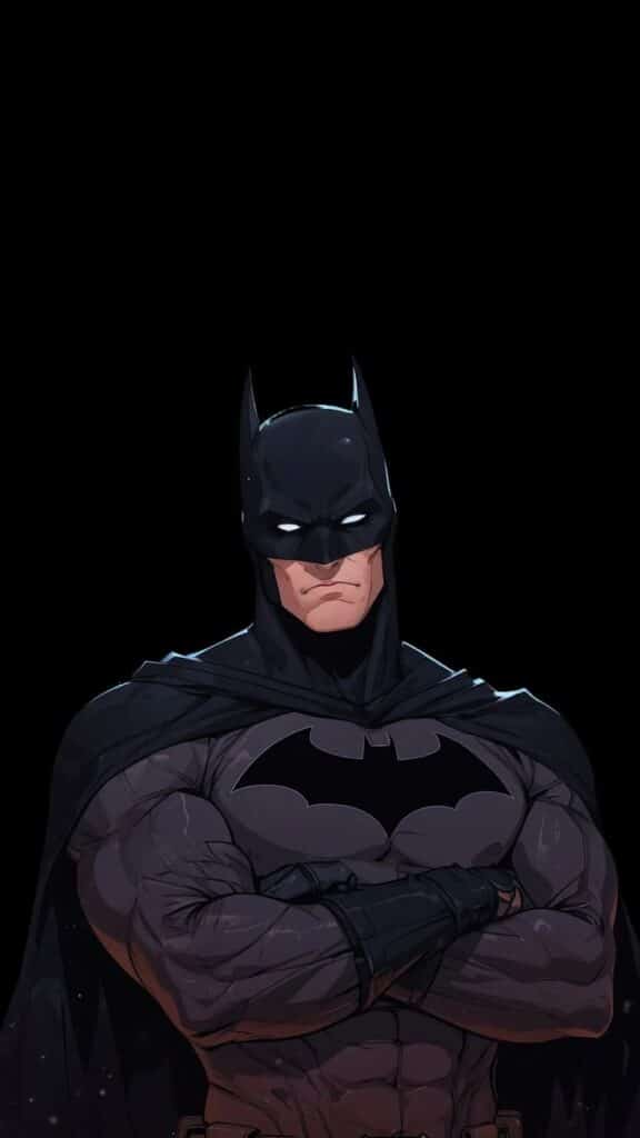 Illustration of a superhero in a black suit and cape, standing with arms crossed against a dark background.