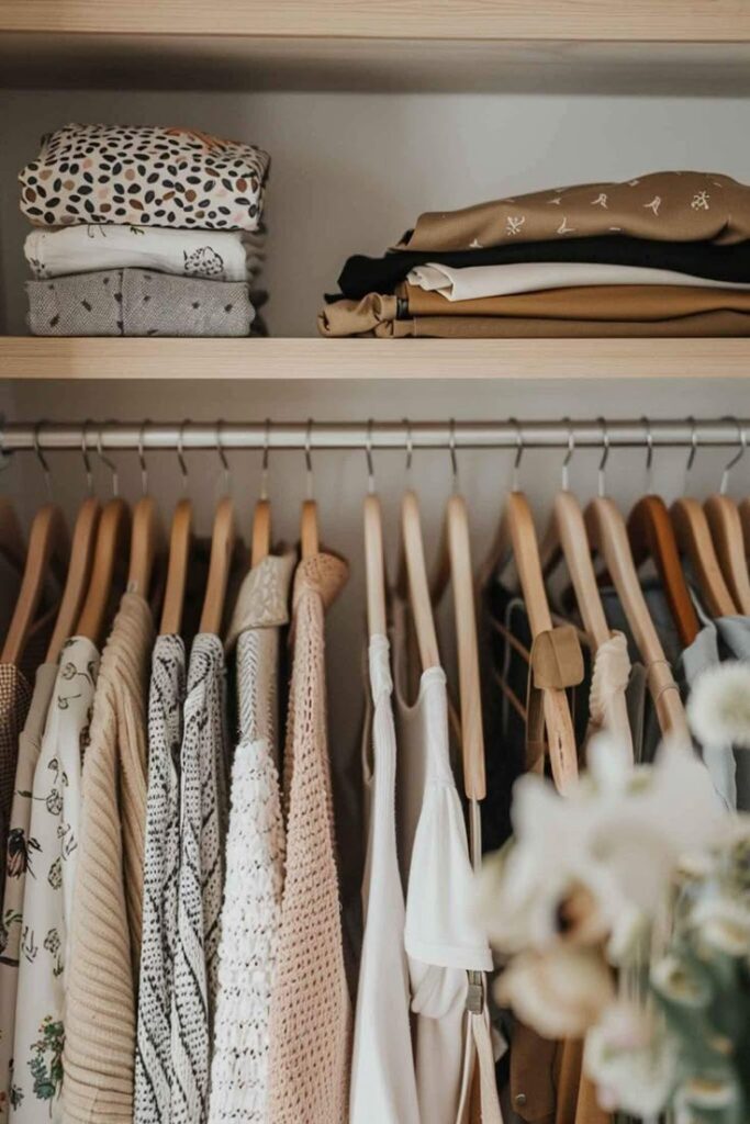 Organized wardrobe with neatly folded clothes on shelves and hangers displaying neutral and patterned garments.
