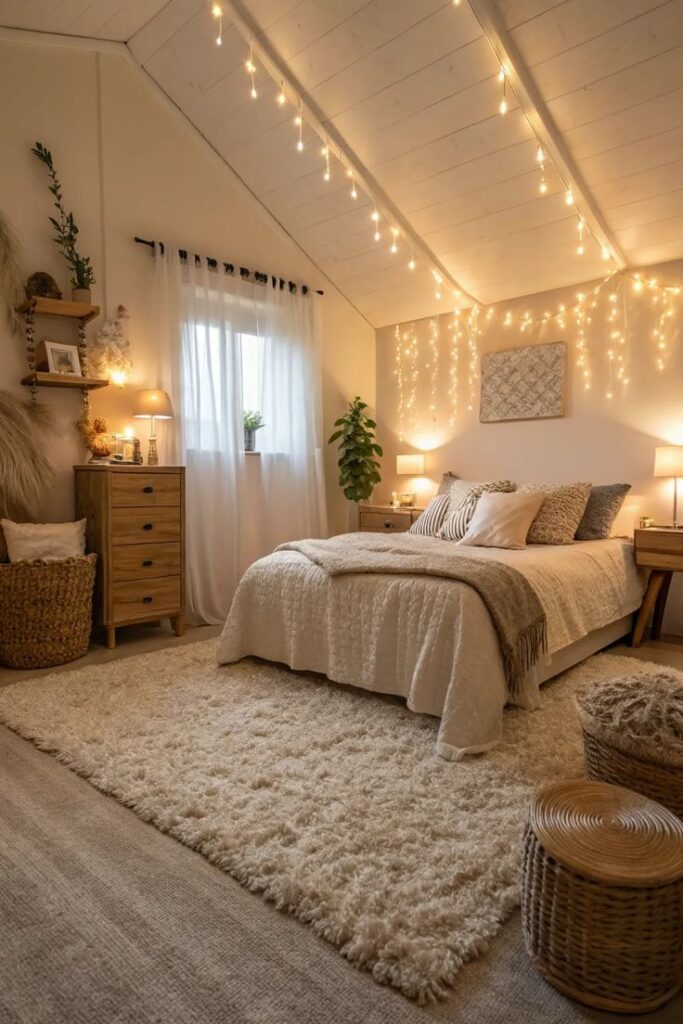 Cozy bedroom with string lights, plush rug, and neutral decor. Warm and inviting atmosphere for relaxation.
