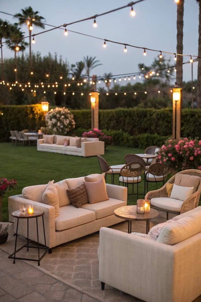 Cozy outdoor patio with string lights, sofas, and a dining area, perfect for a relaxing evening.