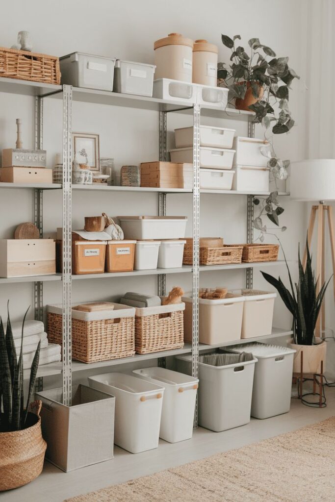 Organized home storage shelves with baskets and boxes, featuring plants and decor in a tidy setup.