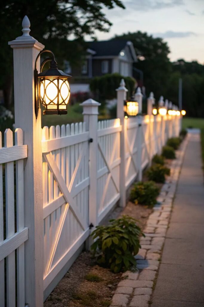19+ Stunning White Fence Ideas for Your Home Illuminated white picket fence with glowing lanterns at dusk, plants along path, cozy outdoor ambiance. | Sky Rye Design Illuminated white picket fence with glowing lanterns at dusk, plants along path, cozy outdoor ambiance.