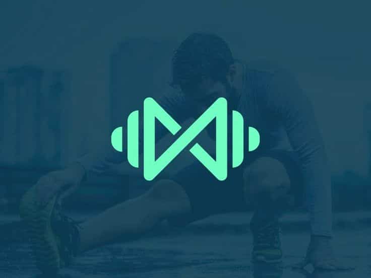 Man stretching with a fitness logo overlay, promoting exercise and wellness, in outdoor urban setting.