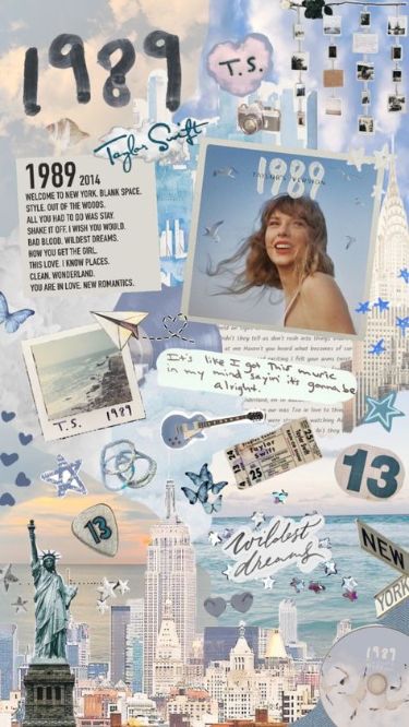 Collage featuring album 1989 themed elements, cityscape, and vintage photos with musical and artistic motifs.