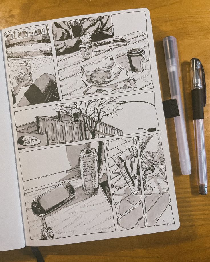 Black and white sketchbook with urban scenes, coffee, sneakers, and a handheld console, accompanied by pens.