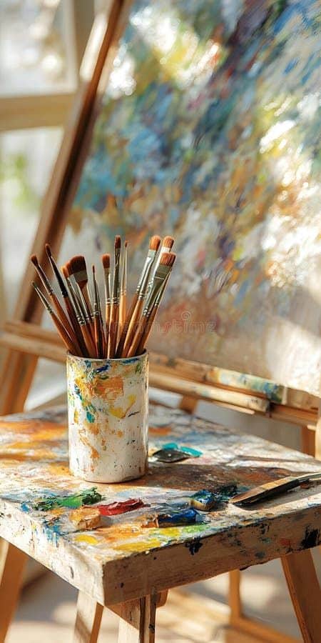 1b72db02-18b1-429c-8cb1-8ab9220d7252 Art supplies on a sunlit table; brushes in a painted jar, colorful palette, and an abstract canvas on a wooden easel. | Sky Rye Design Art supplies on a sunlit table; brushes in a painted jar, colorful palette, and an abstract canvas on a wooden easel.