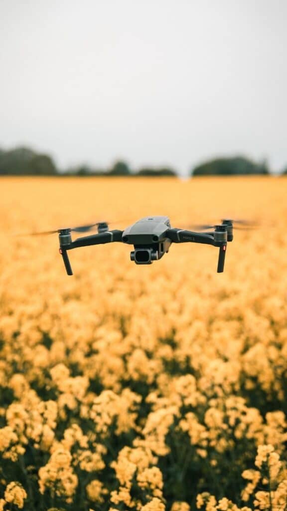 Drone flying over a vibrant yellow flower field, capturing scenic aerial views on a cloudy day.