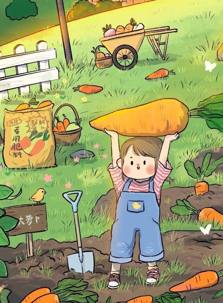 Child lifting giant carrot in vibrant garden scene with wheelbarrow and tools.