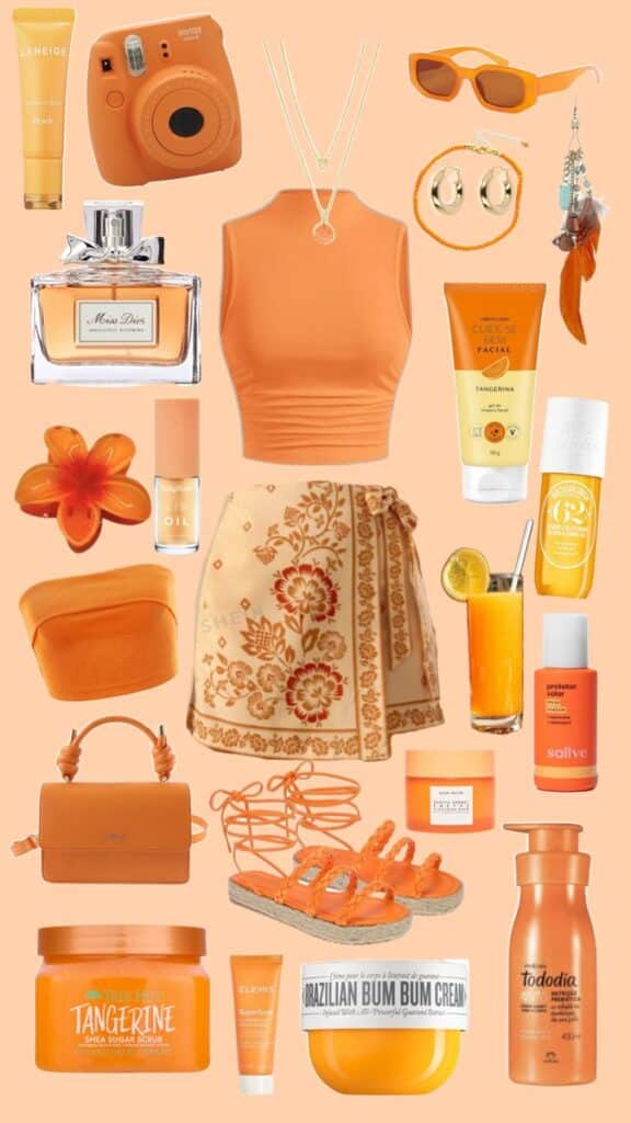 Orange-themed fashion and beauty collection with clothing, accessories, cosmetics, and skincare products. Vibrant and stylish.